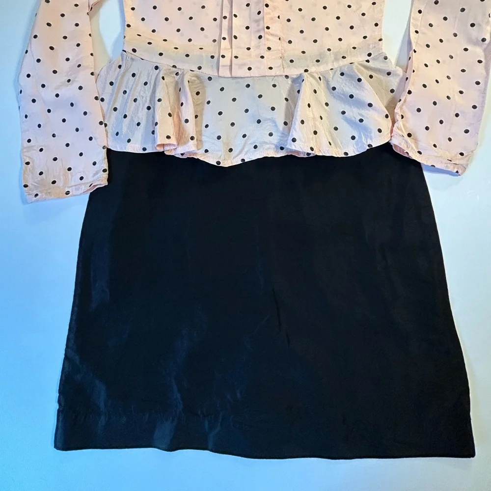 Vintage 80s Jazz Girls Polka Dot Peplum Dress Pink Black Long Sleeve Retro Party